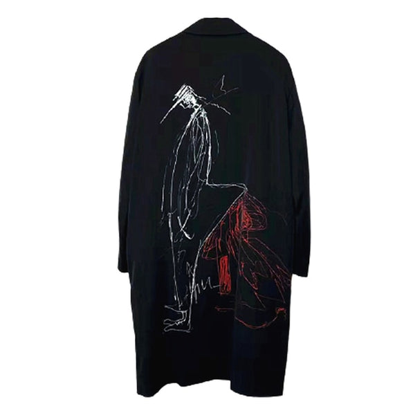 Yohji Yamamoto 22AW Japanese Style Manuscript Printing Mid Length Top Windbreaker Men's Overcoat Coat