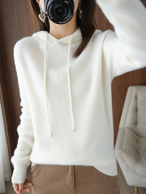 Hooded cashmere sweater female pullover loose 100% pure wool