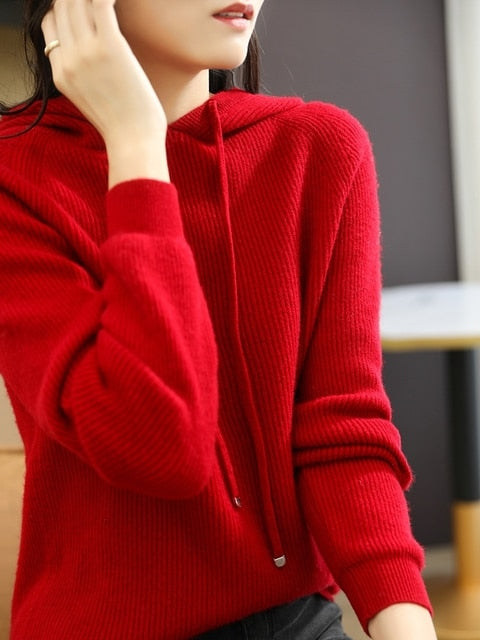 Hooded cashmere sweater female pullover loose 100% pure wool