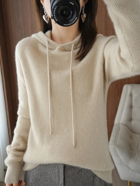 Hooded cashmere sweater female pullover loose 100% pure wool